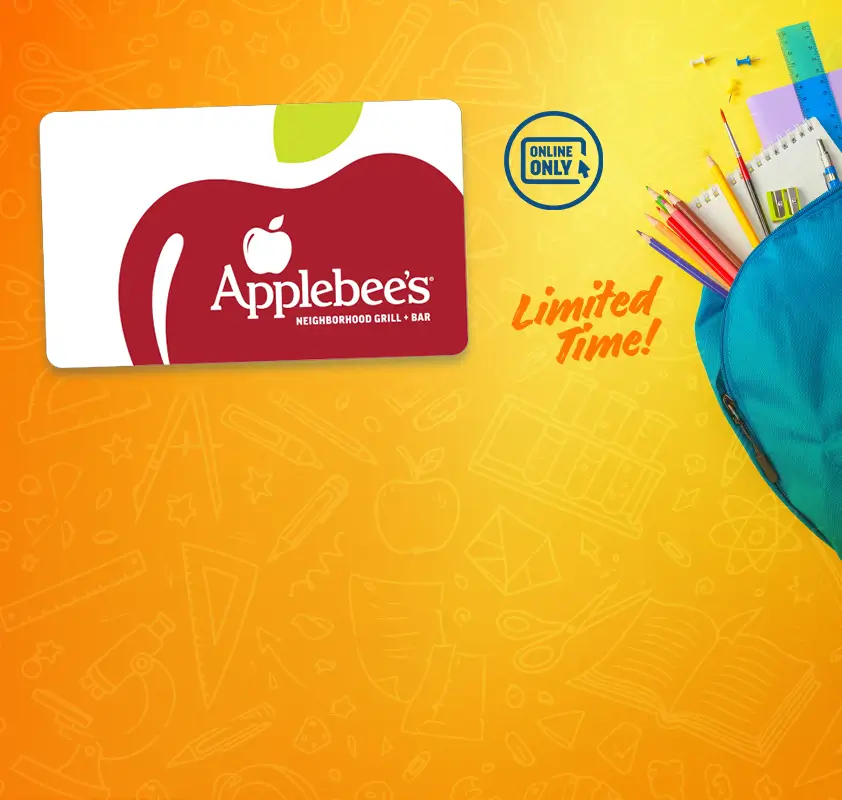 Applebee's Back-to-School promo banner: $10 off $50 online gift card purchase for a limited time. Online only.